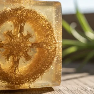Close-up texture of an organic natural loofah soap showcasing the embedded fibrous sponge and glycerin.