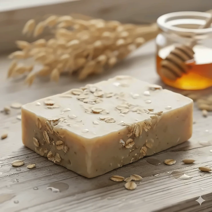 A close-up shot of a rustic, handmade oat soap bar sitting on a wooden surface, showing the visible texture of the oatmeal for gentle exfoliation.