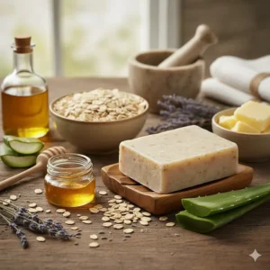 A collection of natural ingredients like whole oats, honey, and shea butter used to create the beneficial oatmeal soap.