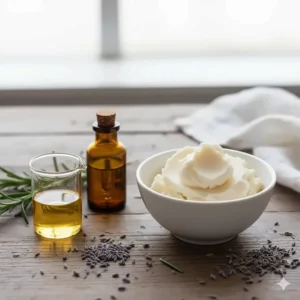 Various natural oils and butters, such as coconut and shea, used to craft the soothing sea salt soap.