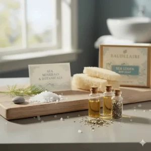 Showing key ingredients and scent notes of the sea loofa soap, emphasizing natural and skin-nourishing elements.