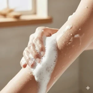 A model gently washing their arm with an oat soap bar, emphasizing the relief and moisture it provides for dry, sensitive, or itchy skin.