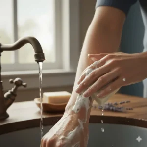 Using oatmeal soap to cleanse and soothe irritated, dry skin, highlighting its ability to relieve itching.