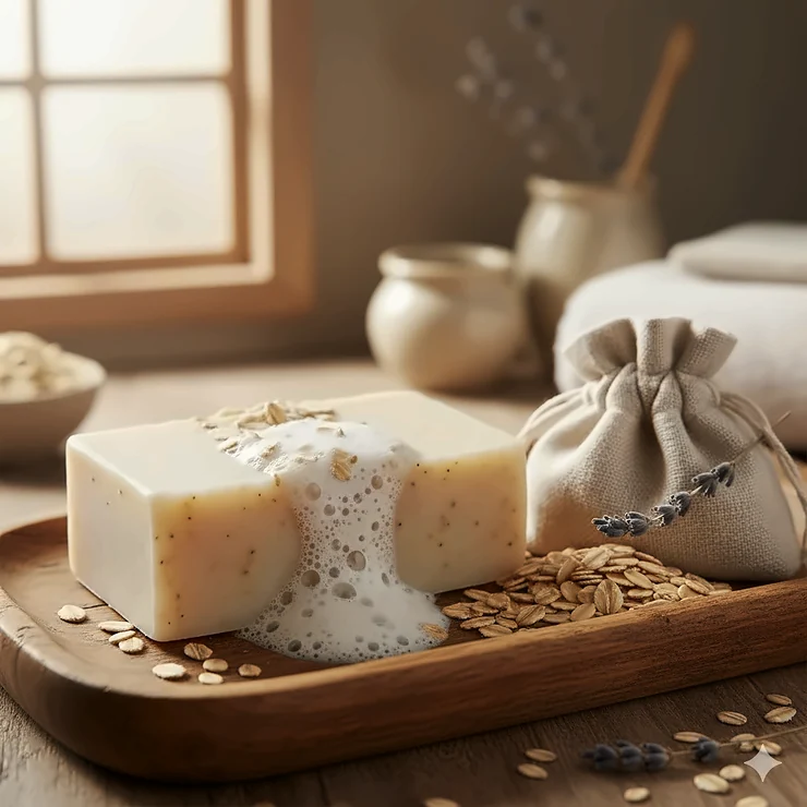 A bar of handmade, natural oatmeal soap on a wooden tray, showing its creamy texture and gentle exfoliant properties, perfect for skin care.