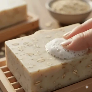 Close-up of oatmeal soap showing the finely ground oats providing gentle exfoliation for smoother skin.