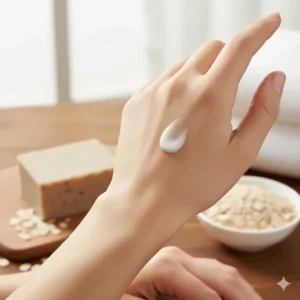 Skin feeling soft and hydrated after washing with the moisturizing oatmeal soap, showing a healthy glow.