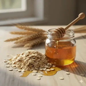 Piles of dried rolled oats and a jar of honey, highlighting the natural ingredients used to make the soothing oat soap bar.