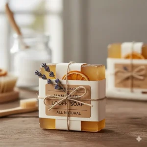 Individually packaged, handmade loofah soap with an eco-friendly label, perfect for retail or gifting.