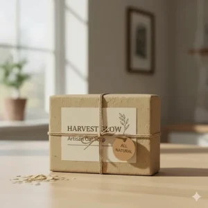 A neatly wrapped and labeled artisanal oat soap bar package, ready for sale and showing the brand's commitment to natural body care.