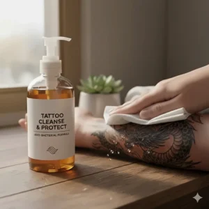 A person patting a clean tattoo dry with a soft, clean paper towel after using anti-bacterial soap, showing the correct drying technique.