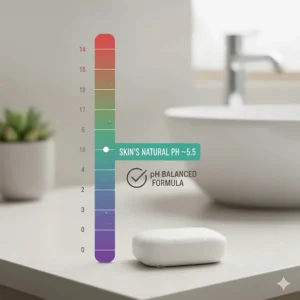 A simple graphic showing the importance of pH balanced formulas in unscented soap to maintain the skin's natural moisture barrier.