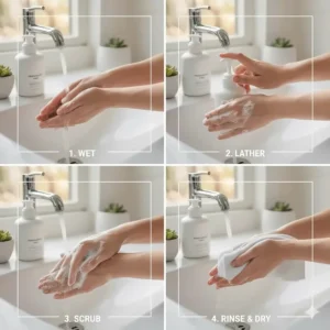 A sequential illustration of the proper technique for washing hands thoroughly using fragrance free liquid soap for daily hygiene.