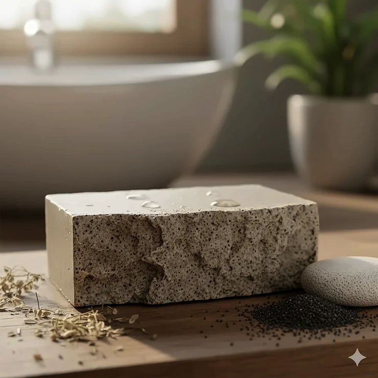 A close-up shot of a hand-crafted pumice soap bar showing the exfoliating texture, ideal for rough skin.