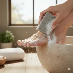 Graphic showing the exfoliating power of pumice soap when scrubbing and smoothing rough, calloused heels during a pedicure.