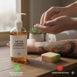 Comparison of a liquid pump-style anti bacterial soap bottle (recommended) and a bar of soap, highlighting hygiene for tattoo cleaning.
