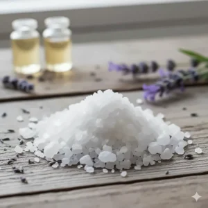 Pile of pure sea salt crystals, the primary ingredient in this moisturizing sea salt soap recipe.