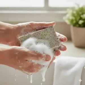 A visual showing the rich, cleansing lather produced by the pumice soap as it exfoliates and washes away impurities.