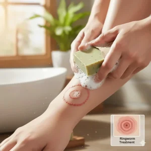 Illustration showing the skin lesion of ringworm and a hand applying the soap for effective treatment.