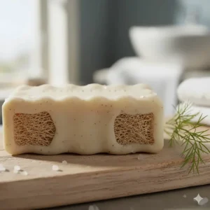 Detailed view of the natural sea loofa embedded inside the Baudelaire bar soap for gentle exfoliation.