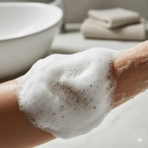 Rich, white lather of the sea salt soap being used on skin, illustrating its luxurious feel and mineral content.