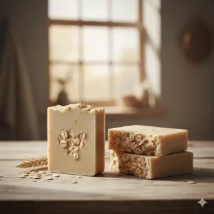 A photographic composition of a set of three oat soap bars in different sizes or shades, suggesting a bulk purchase or gift option.