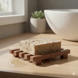 A bar of exfoliating soap properly draining on a stylish soap dish to ensure longevity and preserve its integrity.