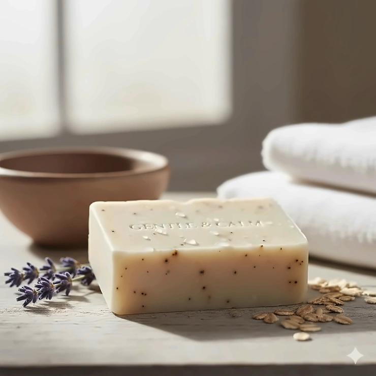 A close-up of a gentle, natural soap for sensitive skin with visible soothing ingredients like oatmeal or chamomile, resting on a white, clean background.