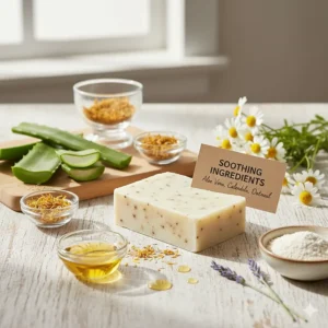 An illustration highlighting the soothing ingredients found in the best soap for sensitive skin, such as aloe vera, calendula, and colloidal oatmeal.