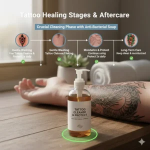 Infographic detailing the stages of tattoo healing, focusing on the importance of regular cleaning with anti bacterial soap in the first week.