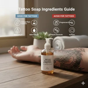 A graphic illustrating the key ingredients to look for (and avoid) in an anti bacterial soap for tattoos to prevent irritation.