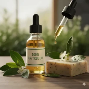 Close-up of tea tree oil and leaves, highlighting the natural antifungal ingredient in the soap.