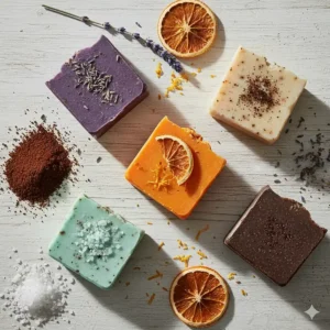 A collection of various scented exfoliating soap bars, such as lavender, citrus, and unscented options.