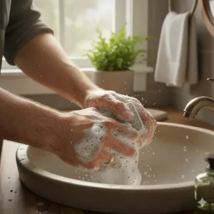 An illustration demonstrating how to use pumice soap to effectively clean dirt and grime from hardworking hands.