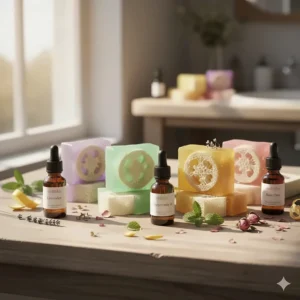 A colorful variety of artisan loofah soap bars, scented with essential oils like lavender and peppermint.