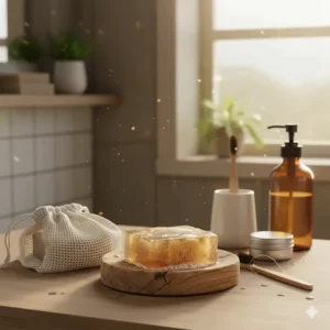 A zero-waste loofah soap bar beside other eco-friendly bathroom essentials, promoting sustainable living.