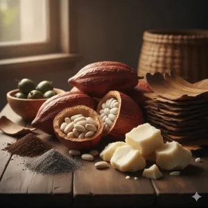 A visual collage showing the raw, natural ingredients used to make liquid African black soap, such as shea butter, cocoa pods, and plantain peels.