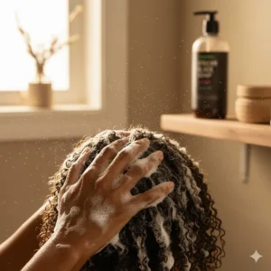 Applying liquid African black soap as a natural shampoo to cleanse and moisturize coily hair textures.