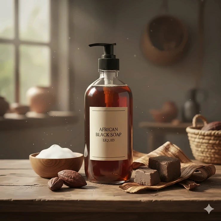 A featured image of a clear bottle of natural liquid African black soap with a label, displayed next to raw shea butter and plantain skins, showing its authentic ingredients. african soap liquid