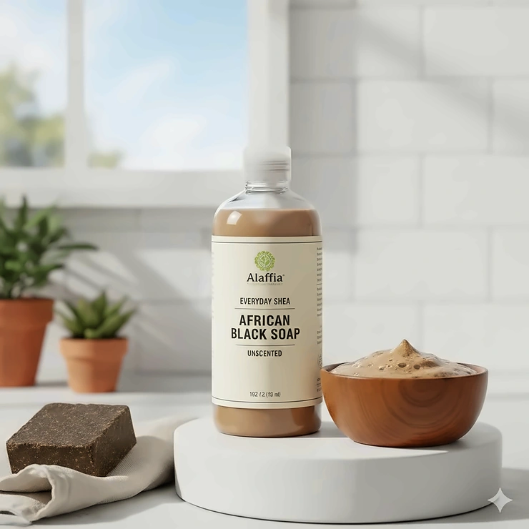 Alaffia Authentic African Black Soap All-in-One liquid cleanser, unscented version with Fair Trade shea butter. alaffia african black soap