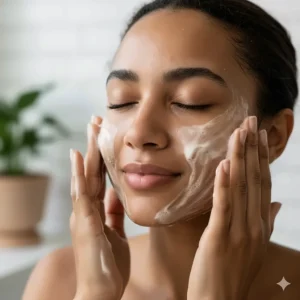 Creamy lather of Alaffia African Black Soap used as a gentle face wash, suitable for all skin types.