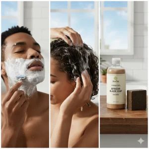 Illustrating the multi-purpose use of the Alaffia Authentic African Black Soap for shampoo and shaving.