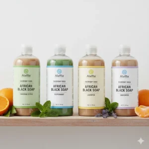 A display of various scented options of the Alaffia Authentic African Black Soap, like Tangerine Citrus and Peppermint.