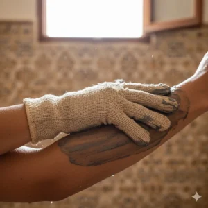 Close-up of hands applying Moroccan black soap with a Kessa glove for effective body exfoliation.