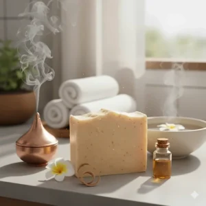 A peaceful scene featuring the sandalwood soap next to steaming water, incense, and maybe a flower, illustrating the relaxing aromatherapy benefits of the woody scent.