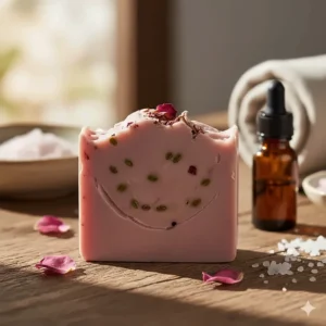 A close-up shot of a beautiful, handcrafted pink rose soap bar on a wooden surface, showing the natural rose petals and rich texture, perfect for sensitive skin.
