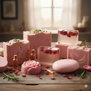 An assortment of different scented and shaped pink rose soaps, including glycerin and castile varieties, showcasing the full product line.