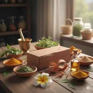 A depiction of traditional Ayurvedic ingredients, including a block of sandalwood and various herbs, to highlight the historical and holistic benefits of the soap.