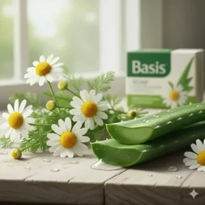 Close-up of chamomile and aloe vera plants, the soothing Basis Soap ingredients.