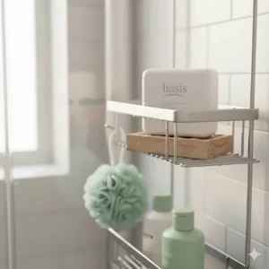 A bar of Basis Soap resting in a shower caddy, ready for daily body washing.