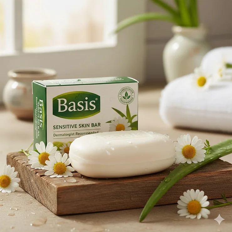 A close-up of the Basis Soap bar and its green and white packaging, highlighting its gentle formula for sensitive skin.
